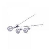 Sterling Silver Rhodium Plated Open Peace Sign CZ Stud Earring and Necklace Set