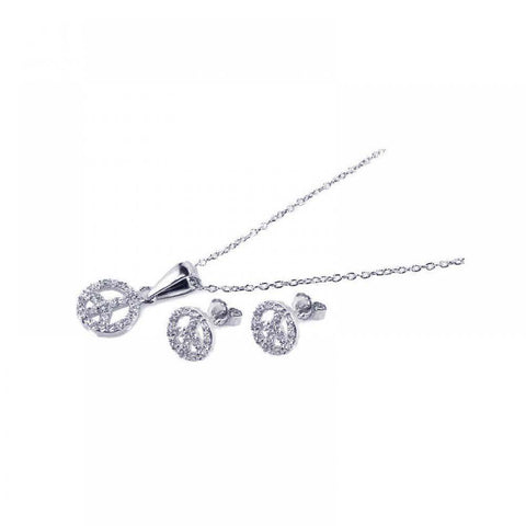 Sterling Silver Rhodium Plated Open Peace Sign CZ Stud Earring and Necklace Set