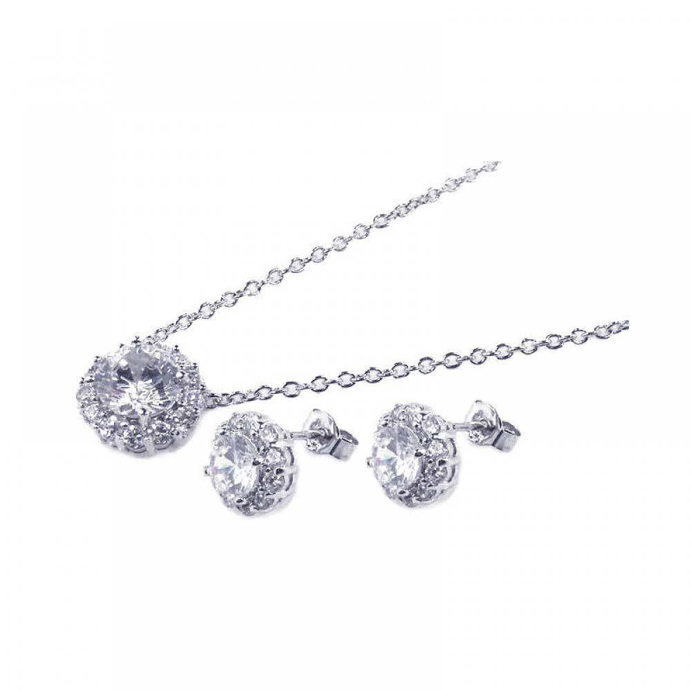 Sterling Silver Rhodium Plated Round CZ Stud Earring and Necklace Set