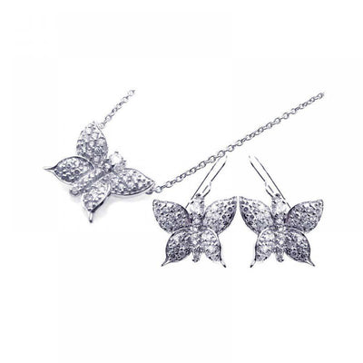 Sterling Silver Rhodium Plated Butterfly CZ Hook Earring and Necklace Set