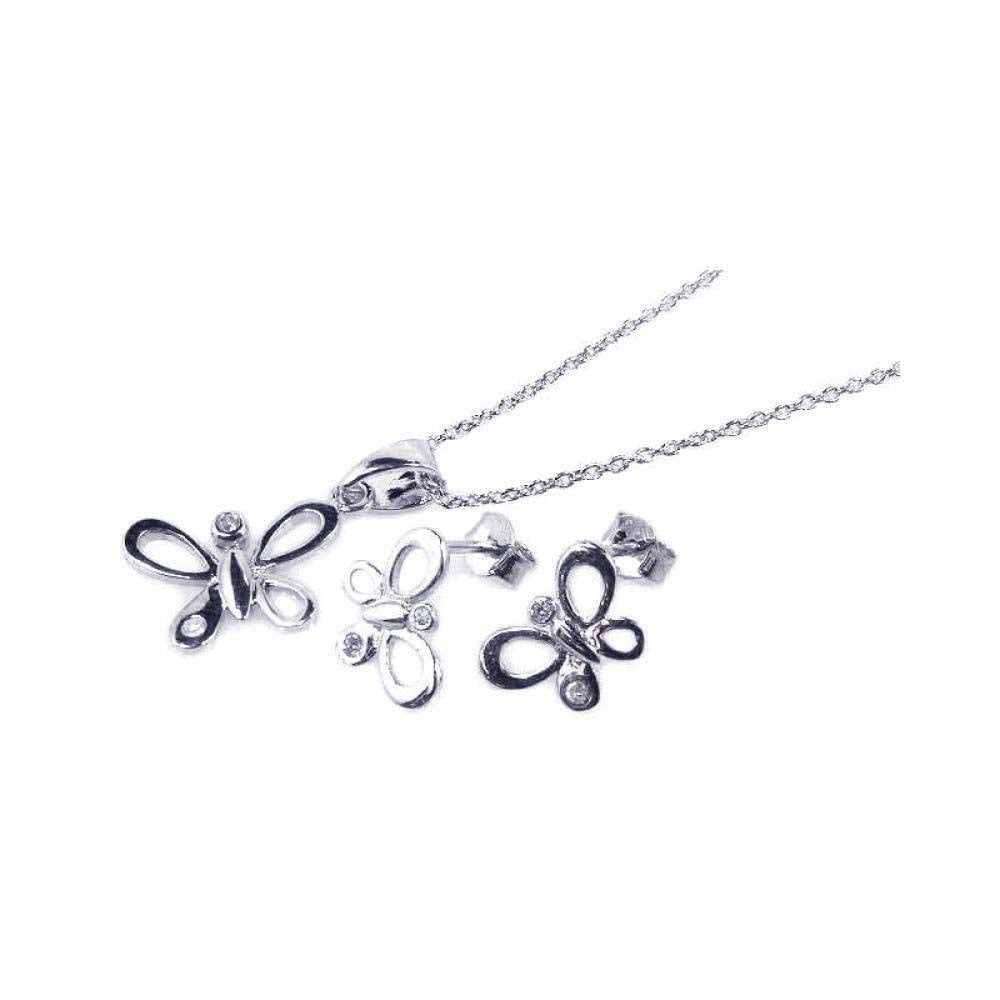 Sterling Silver Rhodium Plated Open Butterfly CZ Stud Earring and Necklace