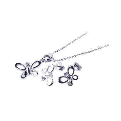 Sterling Silver Rhodium Plated Open Butterfly CZ Stud Earring and Necklace