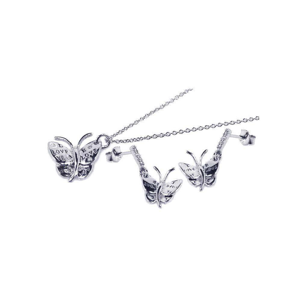 Sterling Silver Rhodium Plated Buttefly CZ Dangling Earring and Necklace Set