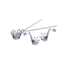 Load image into Gallery viewer, Sterling Silver Rhodium Plated Buttefly CZ Dangling Earring and Necklace Set