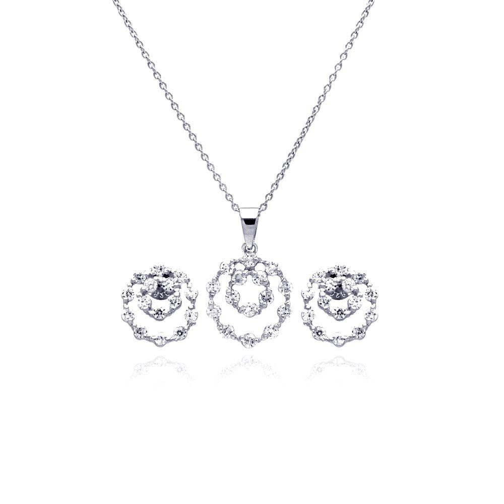 Sterling Silver Rhodium Plated Graduated Open Circle CZ Stud Earring and Necklace Set