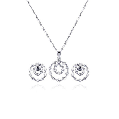 Sterling Silver Rhodium Plated Graduated Open Circle CZ Stud Earring and Necklace Set