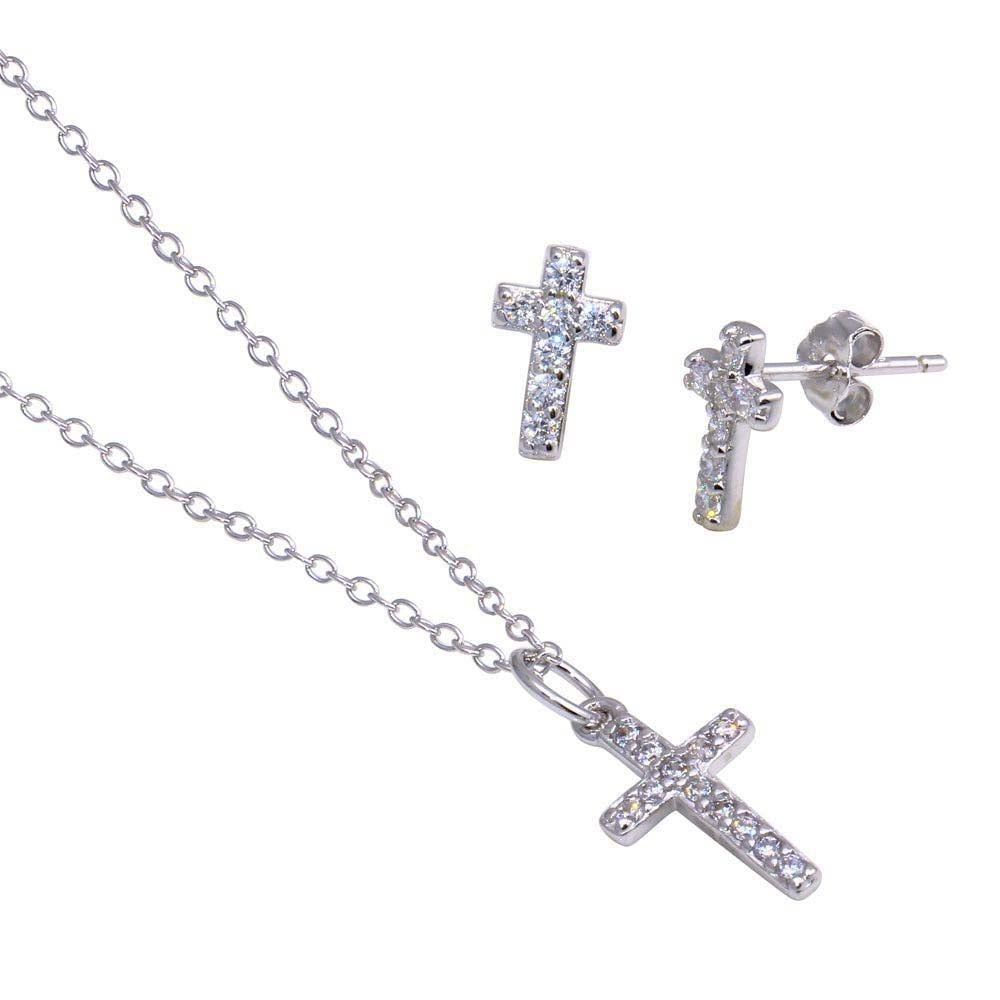 Sterling Silver Rhodium Plated Cross CZ Stud Earring and Necklace Set