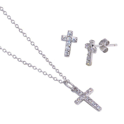 Sterling Silver Rhodium Plated Cross CZ Stud Earring and Necklace Set
