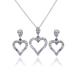 Sterling Silver Rhodium Plated Open Heart CZ Dangling Earring and Necklace Set