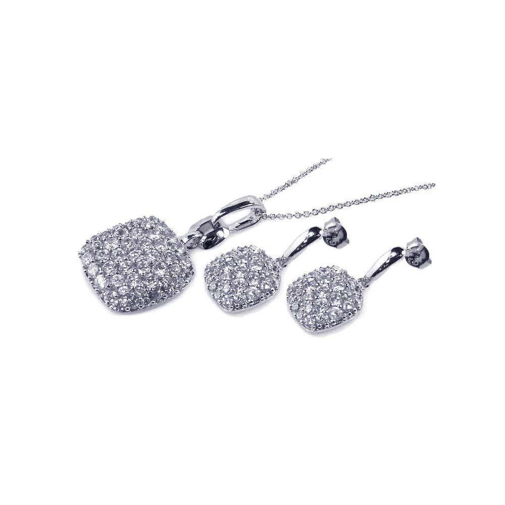 Sterling Silver Rhodium Plated Square CZ Dangling Earring and Necklace Set