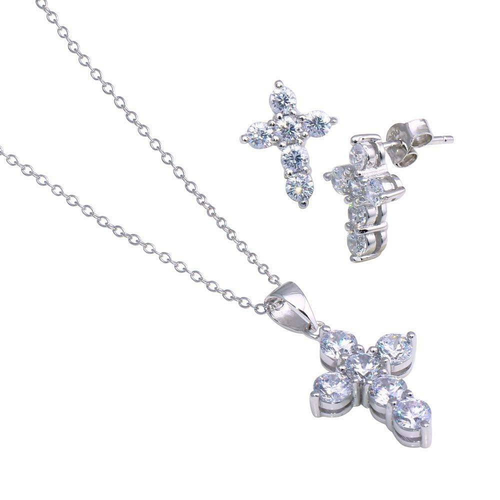 Sterling Silver Rhodium Plated Cross CZ Stud Earring and Necklace Set