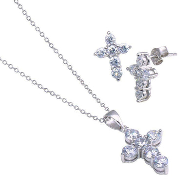 Sterling Silver Rhodium Plated Cross CZ Stud Earring and Necklace Set