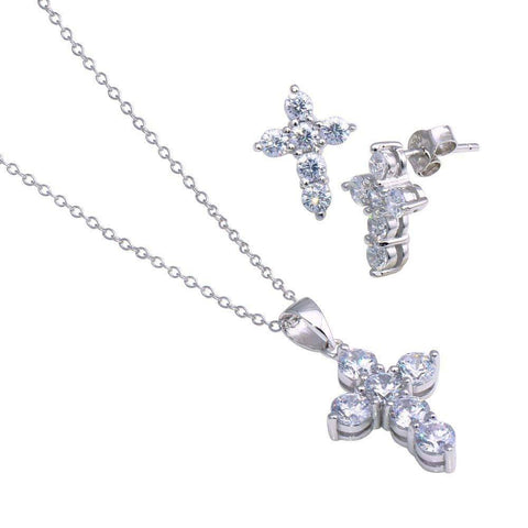 Sterling Silver Rhodium Plated Cross CZ Stud Earring and Necklace Set