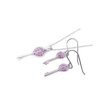 Load image into Gallery viewer, Sterling Silver Rhodium Plated Kingdom Heart Pink Key CZ Hook Earring and Necklace Set