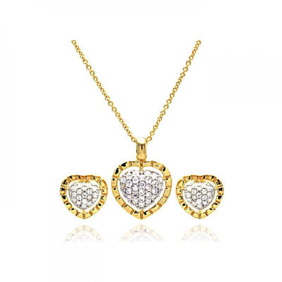 Sterling Silver Gold Rhodium Plated Heart CZ Inlay Stud Earring and Necklace Set