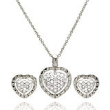 Sterling Silver Rhodium Plated Clear Heart CZ Stud Earring and Necklace Set
