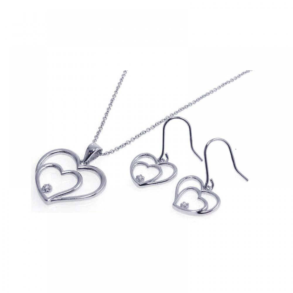 Sterling Silver Rhodium Plated Graduated Open Heart CZ Dangling Hook Earring and Necklace Set