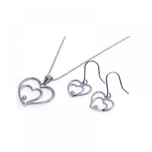 Load image into Gallery viewer, Sterling Silver Rhodium Plated Graduated Open Heart CZ Dangling Hook Earring and Necklace Set