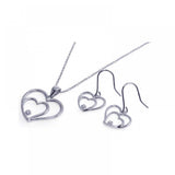 Sterling Silver Rhodium Plated Graduated Open Heart CZ Dangling Hook Earring and Necklace Set