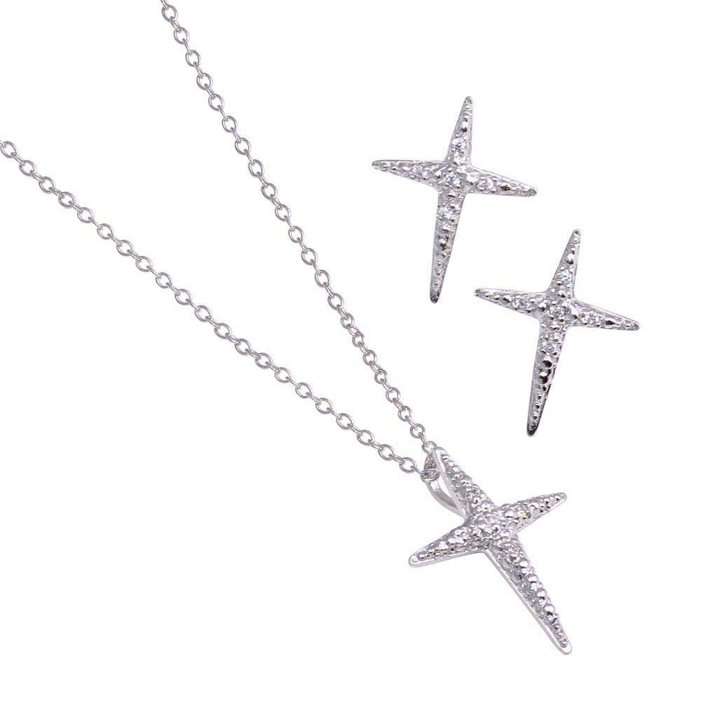 Sterling Silver Rhodium Plated Sharp Cross Star CZ Stud Earring and Necklace Set