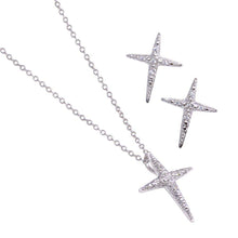 Load image into Gallery viewer, Sterling Silver Rhodium Plated Sharp Cross Star CZ Stud Earring and Necklace Set