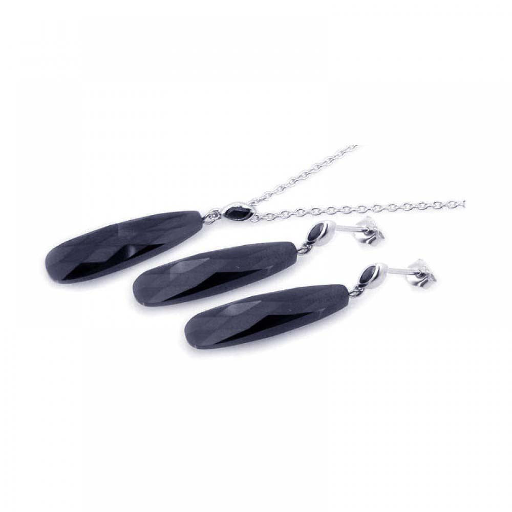 Sterling Silver Rhodium Plated Rectangle Teardrop Black CZ Dangling Stud Earring and Necklace Set