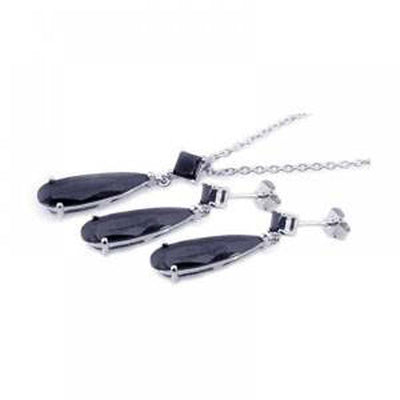 Sterling Silver Rhodium Plated Black Teardrop CZ Dangling Earring and Necklace Set