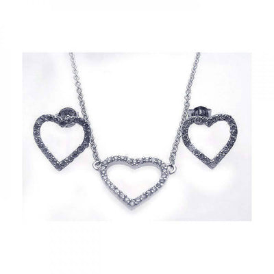 Sterling Silver Rhodium Plated Open Heart CZ Stud Earring and Necklace Set
