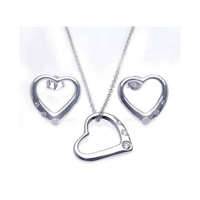 Sterling Silver Rhodium Plated Open Heart CZ Stud Earring and Necklace Set