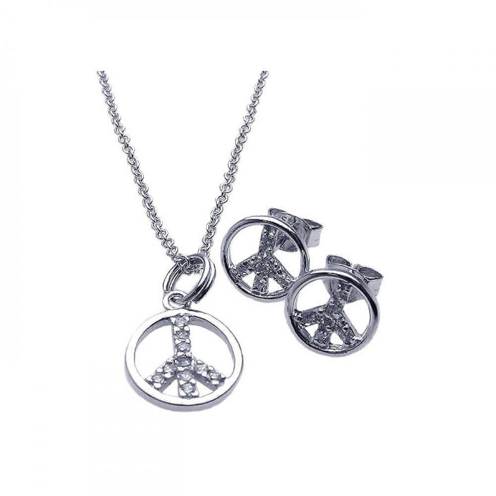 Sterling Silver Rhodium Plated Open Peace Sign CZ Stud Earring and Necklace Set