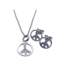 Load image into Gallery viewer, Sterling Silver Rhodium Plated Open Peace Sign CZ Stud Earring and Necklace Set