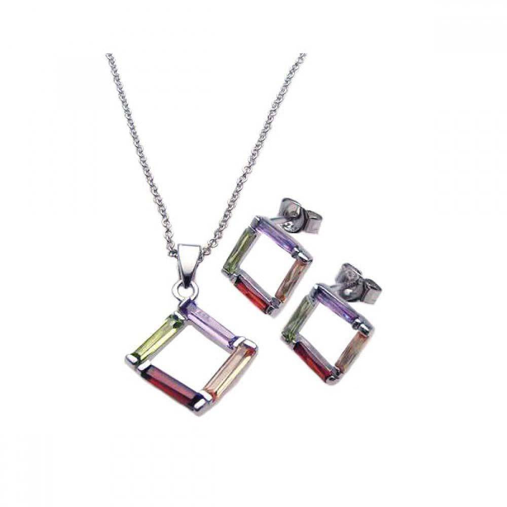 Sterling Silver Rhodium Plated Multicolor Open Square CZ Stud Earring and Necklace Set