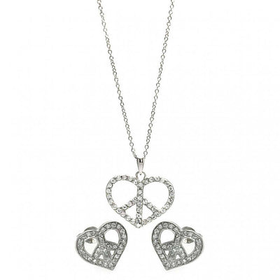 Sterling Silver Rhodium Plated Open Heart Peace Sign CZ Stud Earring and Necklace Set