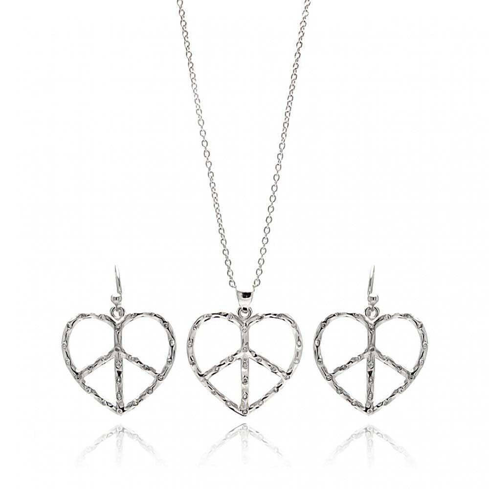 Sterling Silver Rhodium Plated Open Peace Sign Heart CZ Dangling Hook Earring and Necklace Set