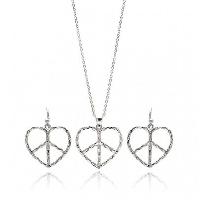 Sterling Silver Rhodium Plated Open Peace Sign Heart CZ Dangling Hook Earring and Necklace Set