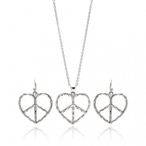 Sterling Silver Rhodium Plated Open Peace Sign Heart CZ Dangling Hook Earring and Necklace Set