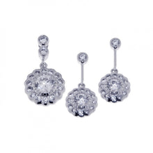 Load image into Gallery viewer, Sterling Silver Rhodium Plated Teardrop Channel CZ Dangling Stud Earring and Necklace Set