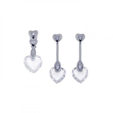 Load image into Gallery viewer, Sterling Silver Rhodium Plated Heart CZ Dangling Stud Earring and Necklace Set