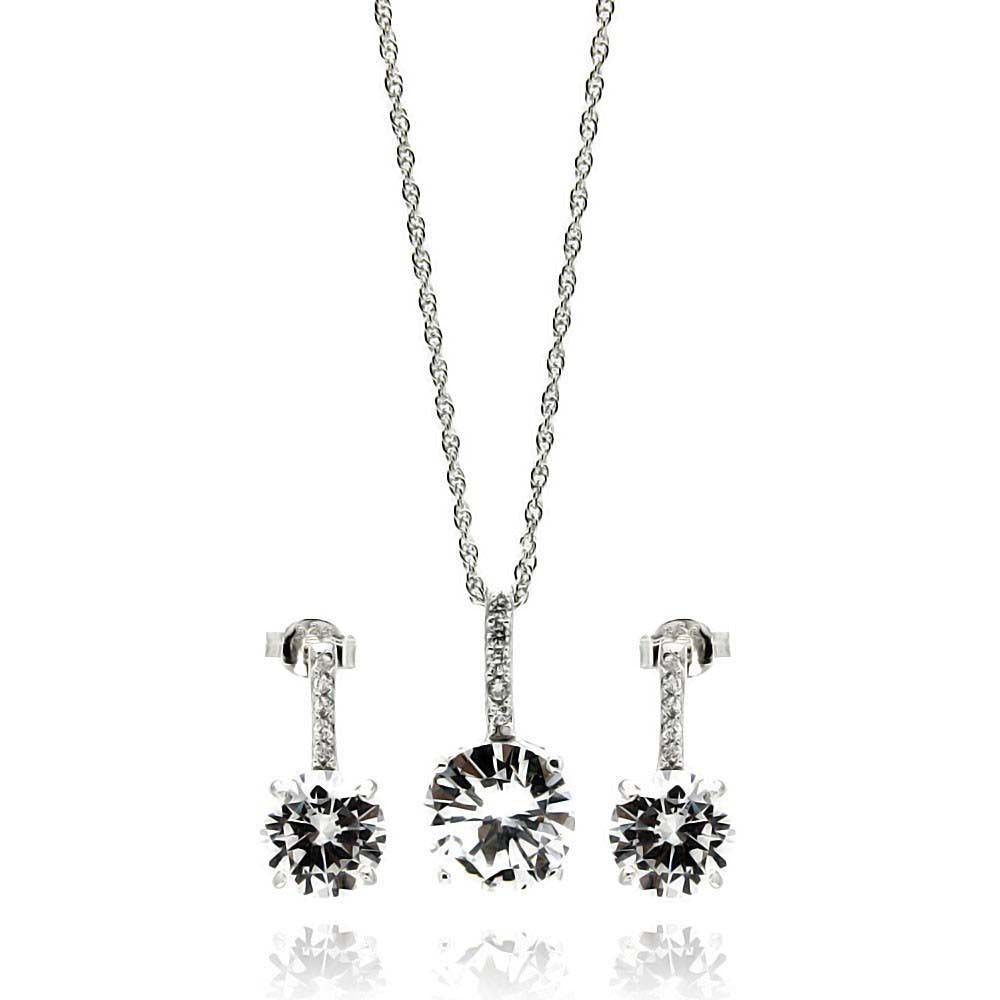 Sterling Silver Rhodium Plated Round CZ Dangling Earring and Necklace Set