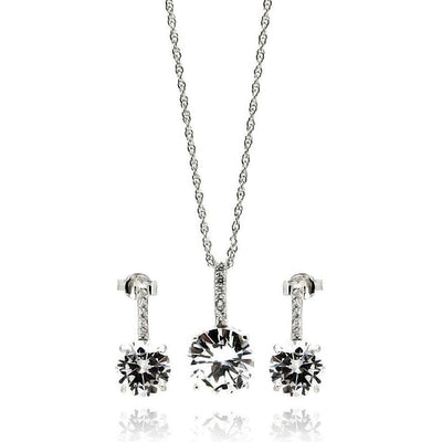 Sterling Silver Rhodium Plated Round CZ Dangling Earring and Necklace Set