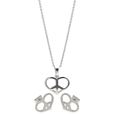 Sterling Silver Rhodium Plated Open Heart Peace Sign CZ Stud Earring and Necklace Set