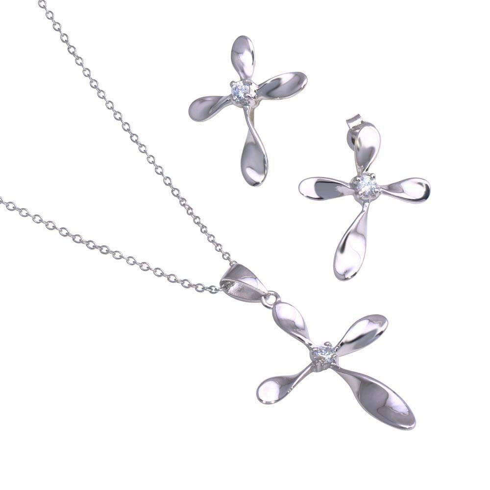 Sterling Silver Rhodium Plated Cross CZ Stud Earring and Necklace Set