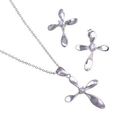 Sterling Silver Rhodium Plated Cross CZ Stud Earring and Necklace Set