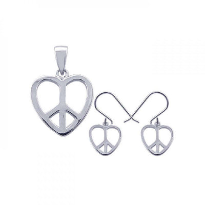 Sterling Silver Rhodium Plated Open Heart Peace Sign CZ Dangling Hook Earring and Necklace Set