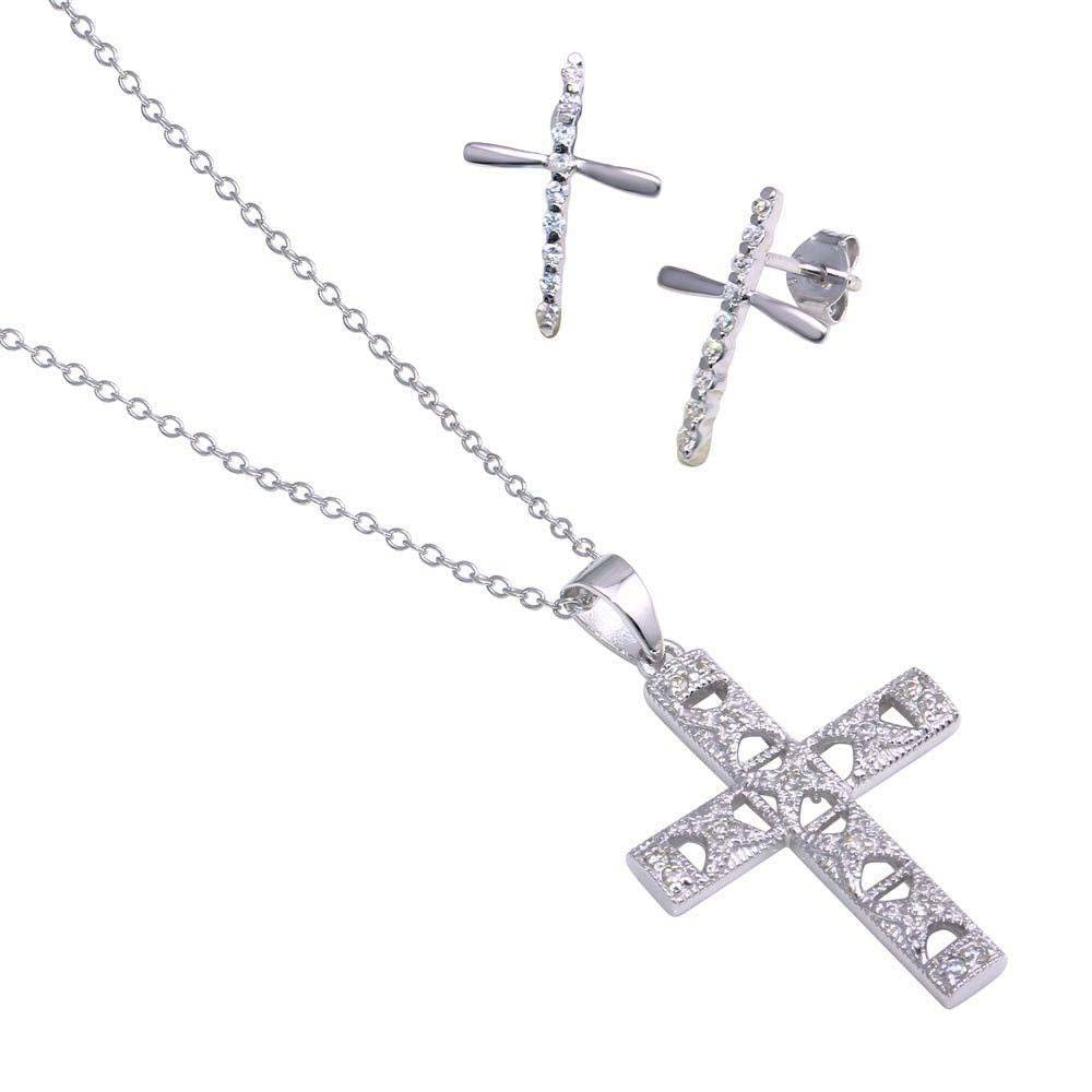 Sterling Silver Rhodium Plated Cross CZ Stud Earring and Necklace Set