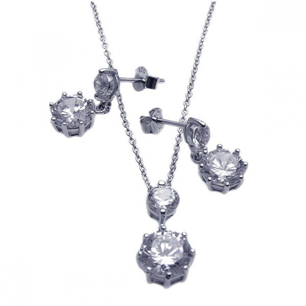 Sterling Silver Rhodium Plated Round CZ Dangling Earring and Necklace Set