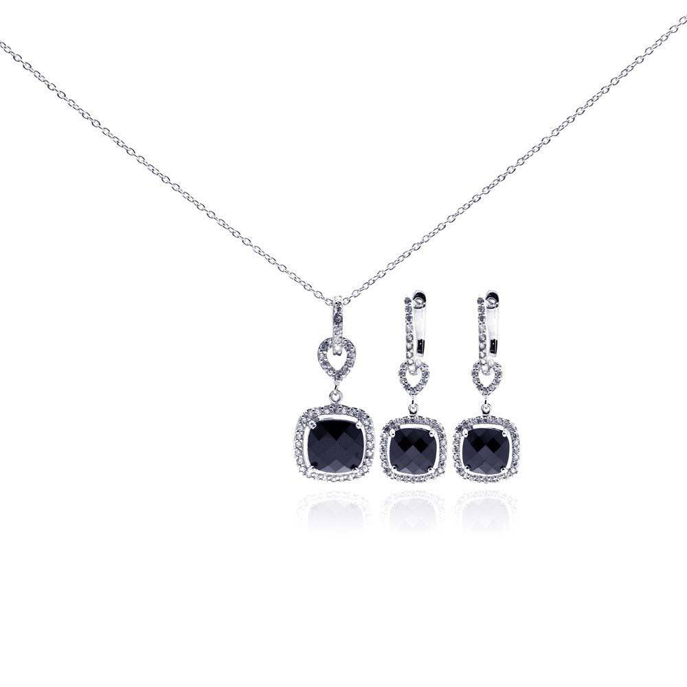 Sterling Silver Rhodium Plated Black Square CZ Dangling Earring and Necklace Set