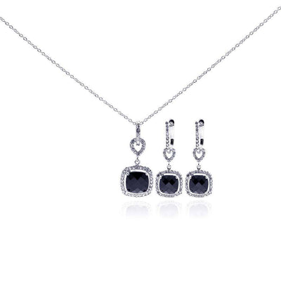 Sterling Silver Rhodium Plated Black Square CZ Dangling Earring and Necklace Set