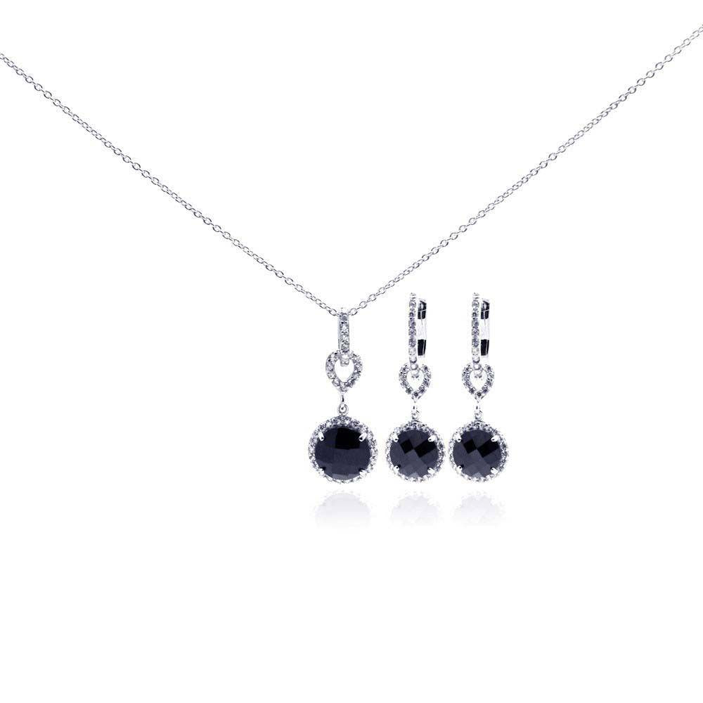 Sterling Silver Rhodium Plated Round CZ Dangling Lever Back Earring and Necklace Set