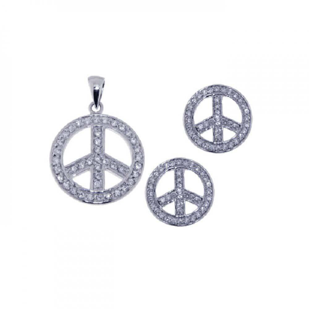 Sterling Silver Rhodium Plated Open Circle Peace Sign CZ Earring and Necklace Set